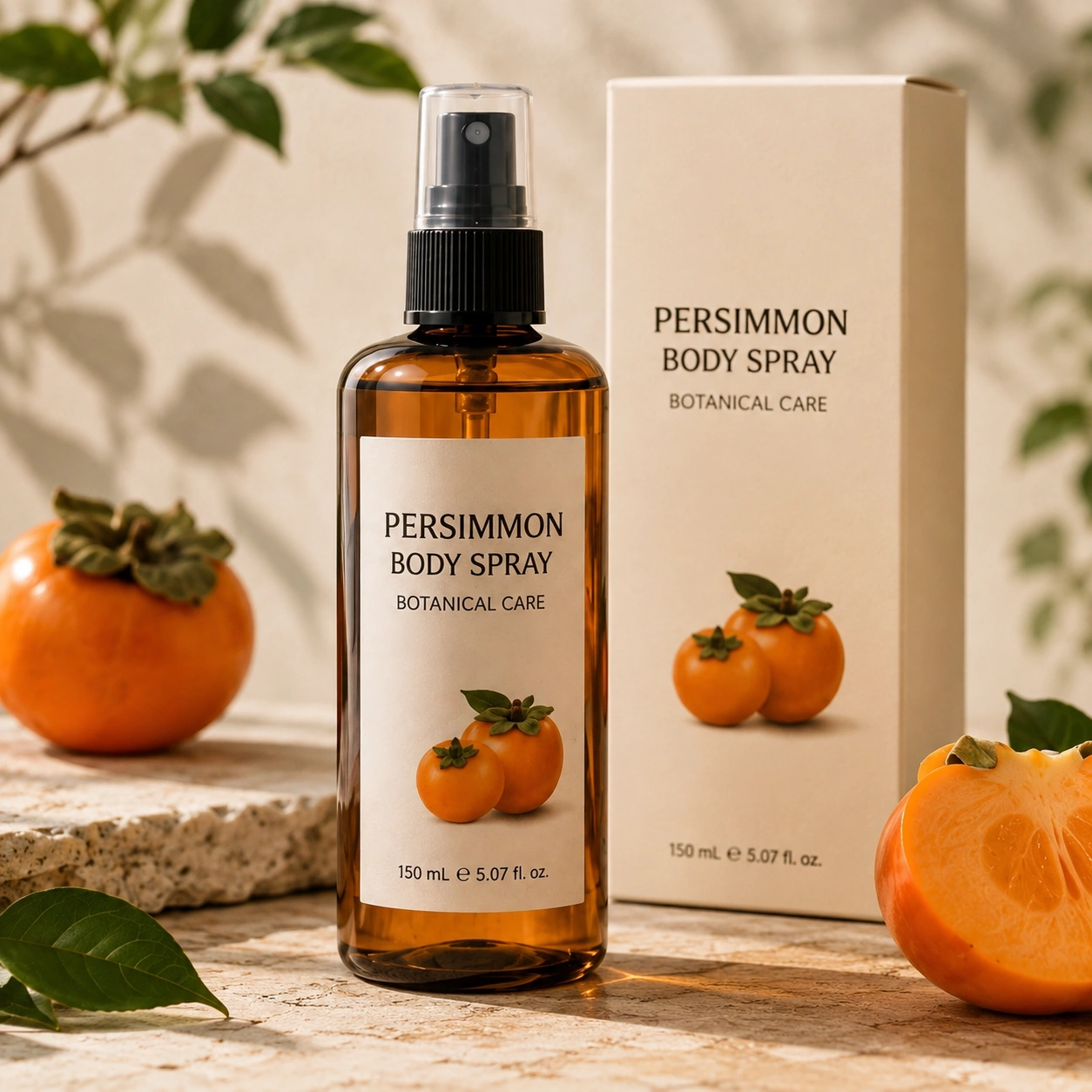Custom persimmon body spray in amber bottle with botanical retail packaging