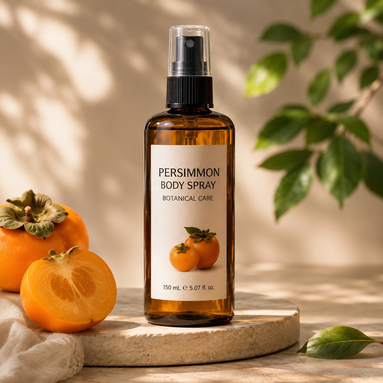Persimmon body spray product with fine mist pump and natural botanical styling