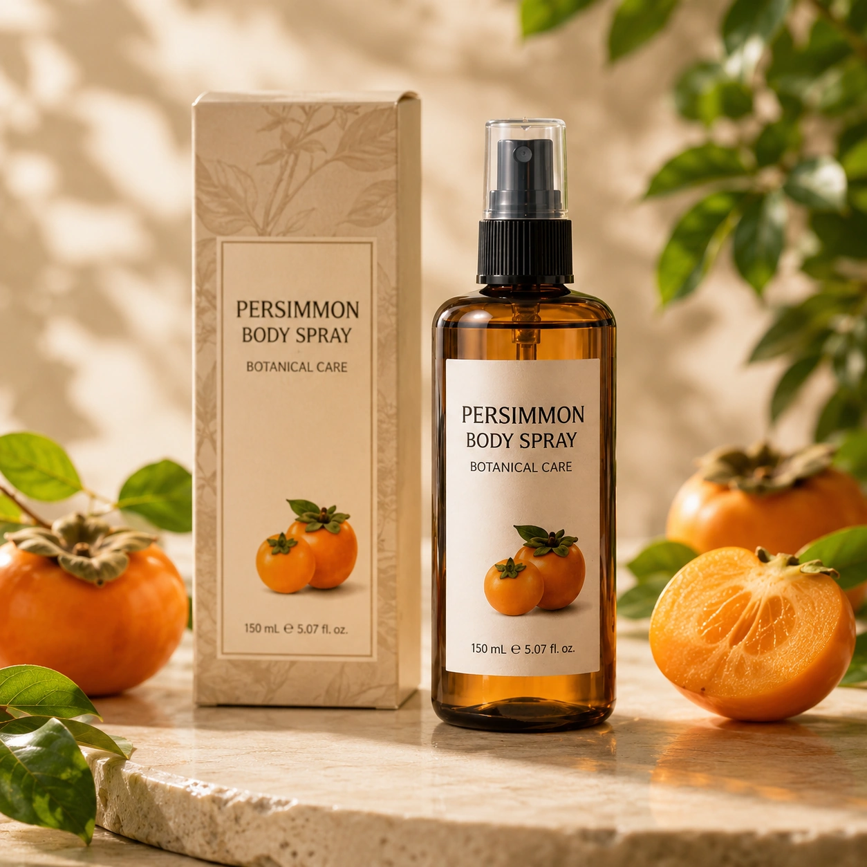 Private label persimmon body spray with botanical packaging and fresh persimmon fruit